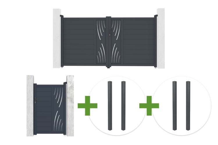 Set aus zweiflügeligem Einfahrtstor, Gartentür und vier Pfosten aus Aluminium mit dekorativen Ausschnitten.