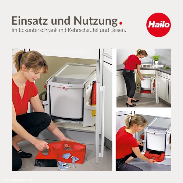 Hailo Abfallsystem im Eckunterschrank mit integrierter Kehrschaufel und Besen in einer hellen Küche. Hailo Logo.
