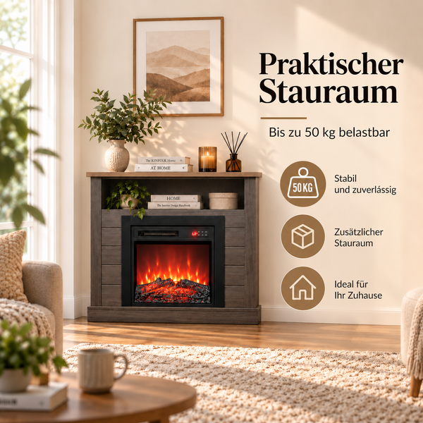 Elektrischer Kamin mit integriertem Regal aus Holz in einem Wohnzimmer. Das Gerät bietet Stauraum und ist bis zu 50 Kilogramm belastbar.