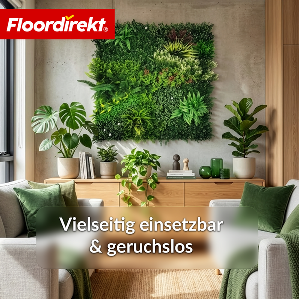 Wohnzimmer mit Pflanzenwand und FloorDirekt Logo
