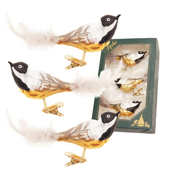 Mehrfarbige Glasvögel (Meise) auf Clip 11cm mundgeblasen und handdekoriert mit 5cm Federschwanz, 3 Stck.