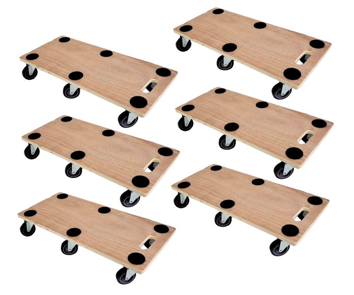 Sechser Set Möbelroller aus Holz mit Anti Rutsch Pads und integriertem Tragegriff.
