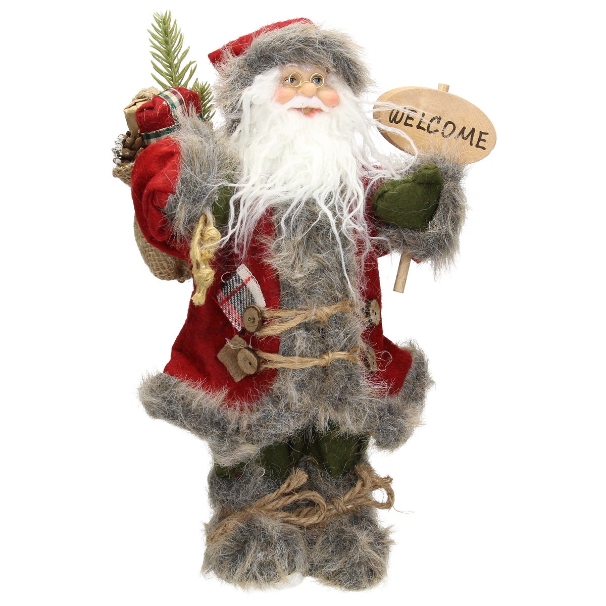 ECD Germany Weihnachtsmann Deko-Figur, 37 cm hoch, rot/grauer Mantel, grüner Hose, mit Geschenkesack, Santa-Claus Figur Winterdeko Weihnachten Stehende Figur Winter Dekoration Nikolaus Weihnachtsdeko