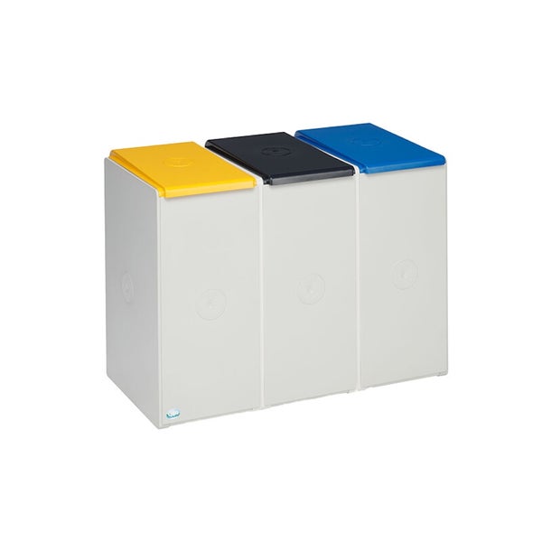 Abfalltrennsystem aus drei verbundenen grauen Kunststoffbehältern mit gelbem, schwarzem und blauem Deckel.