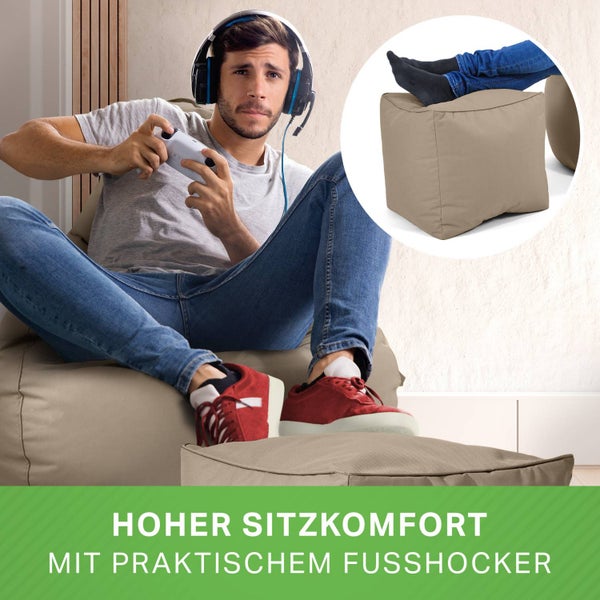 Green Bean 2er Set Sitzsack + Hocker - fertig befüllt - robust waschbar schmutzabweisend - Kinder & Erwachsene Bean Bag Bodenkissen Lounge Sitzhocker Relax-Sessel Gamer Gamingstuhl Pouf - Taupe