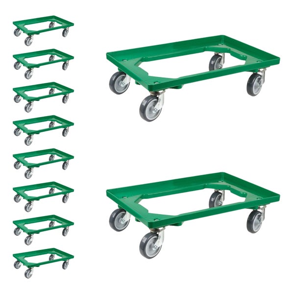 PROREGAL SparSet 10x Transportroller für Euroboxen 60 x 40 cm mit Gummiräder Grün Offenes Deck 4 Lenkrollen Traglast 300 kg