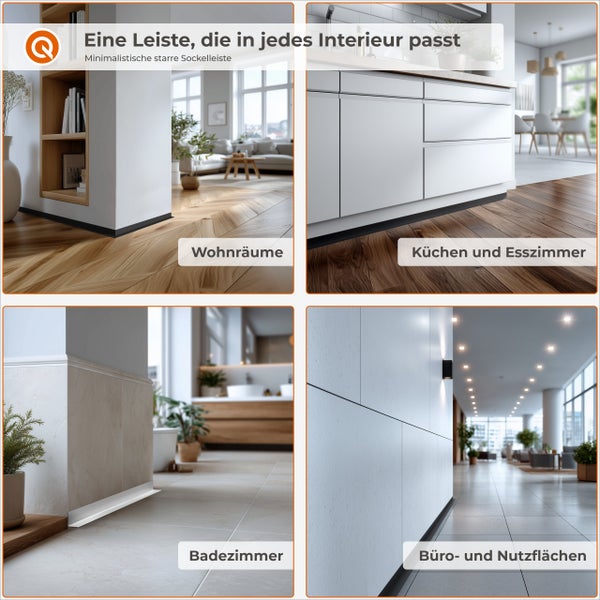 Vier Anwendungsbeispiele für eine minimalistische, starre Sockelleiste in Wohnzimmer, Küche, Badezimmer und Büro.