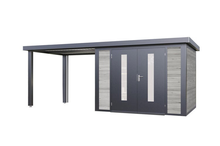 Moderne Gartenhaus Carport Kombination mit Doppeltür und Glaseinsätzen aus Metall und Holz