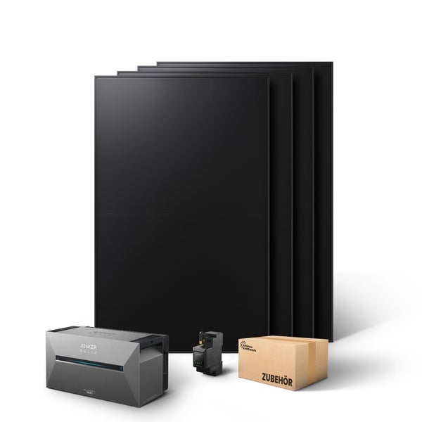 Balkonkraftwerk Komplettset mit vier Solarmodulen, Anker Solix Speicher, Smart Meter und Zubehör.