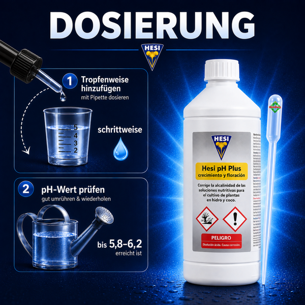 Hesi pH Plus Regulierer Flasche mit Dosieranleitung für Pflanzenzucht mit Pipette und Gießkanne für korrektes Anmischen der Nährlösung.