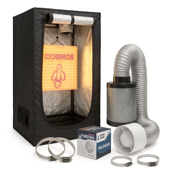Komplettes Growbox-Set mit LED-Pflanzenlampe, Aktivkohlefilter, Rohrventilator, flexiblem Lüftungsschlauch und vier Schlauchschellen.