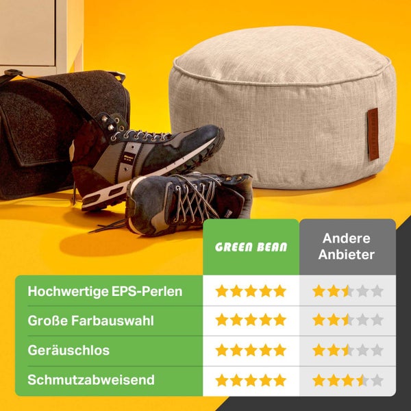 Green Bean Sitzsack-Hocker 45x25cm mit EPS-Perlen Füllung - Fußhocker Fußkissen Sitz-Pouf für Sitzsäcke - Bodenkissen für Kinder und Erwachsene - Fußablage Sitzkissen Sitzhocker Sand