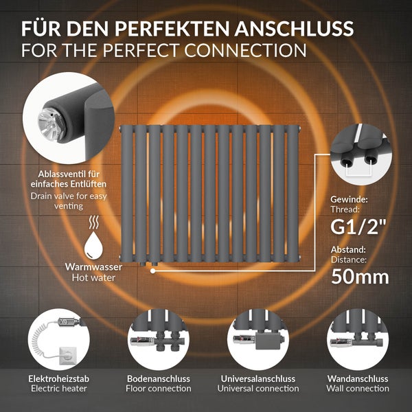 ML-Design Paneelheizkörper 600x780 mm Anthrazit Einlagig, Badheizkörper Oval Horizontal Designheizkörper Seitenanschluss, mit Anschlussarmatur Universal Eck- und Durchgangsform Multiblock Thermostat