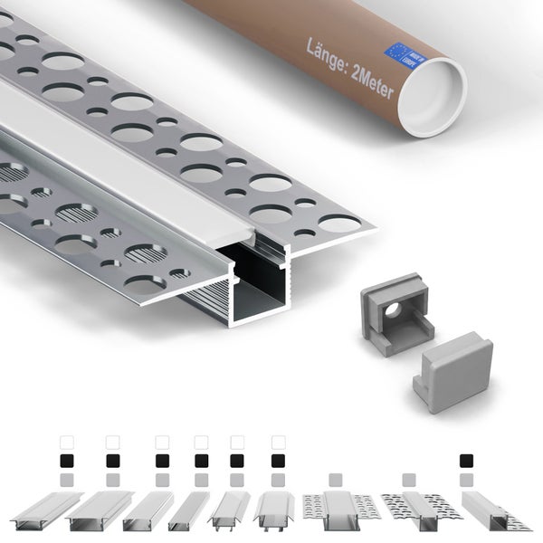 Einbauprofil für LED Streifen aus Aluminium mit Abdeckung und Endkappen, inklusive Montagezubehör, Länge 2 Meter.