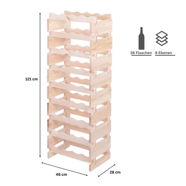 Weinregal VINOTECA FLEX PRO HxBxT 121x46x28cm 36 Flaschen auf 9 Ebenen Massives Kiefernholz Natur unbehandelt