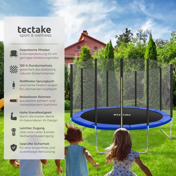 Blaues Gartentrampolin mit Sicherheitsnetz von tectake im Garten