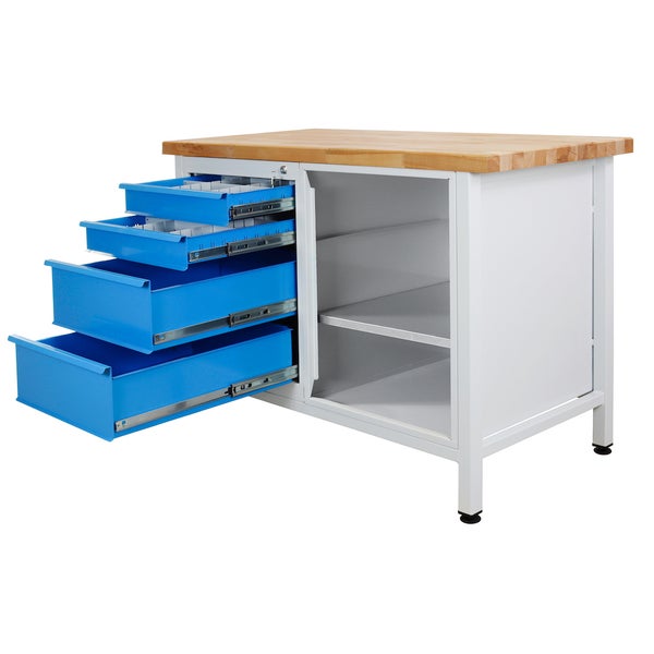 PROREGAL Werkbank Rhino mit 4 Schubladen Regalteil HxBxT 84 x 120 x 60 cm Traglast 300 kg Lichtgrau Blau