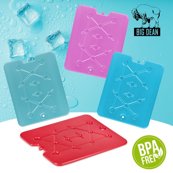 Vier Kühlakkus in verschiedenen Farben mit Big Dean Logo und BPA-frei Siegel.