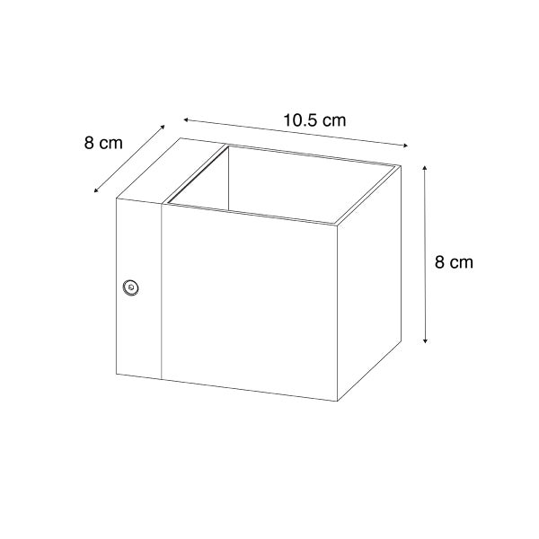 Technische Zeichnung einer Wandleuchte mit den Maßen 8 cm x 10,5 cm x 8 cm.