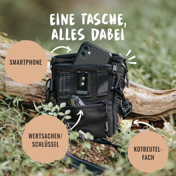 Schwarze Hundetasche mit Fächern für Smartphone, Wertsachen und Kotbeutel