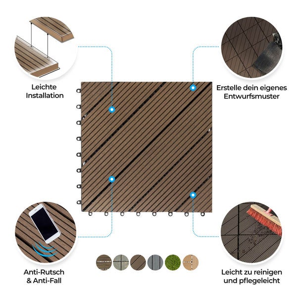 FLOORDIREKT WPC-Klickfliese Classic - Wetterbeständige Terrassenfliese - Dunkelbraun 30 x 30 cm