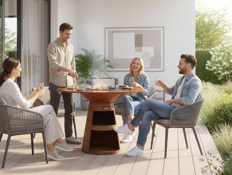 Gesellige Runde beim Grillen an einem runden Tischgrill im Freien, mit vier Stühlen