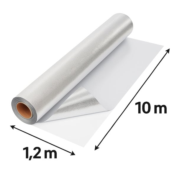 Rolle mit strukturierter, metallischer Reflexionsfolie, 1,2 Meter Breite und 10 Meter Länge, mit weißer Rückseite.