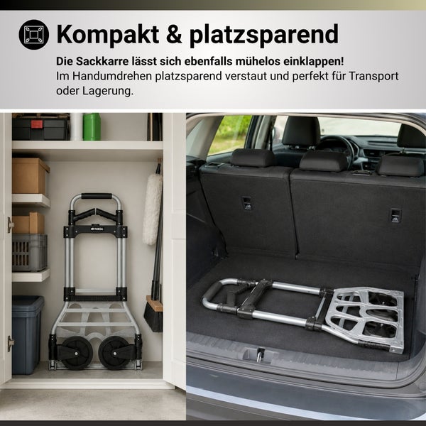 Klappbare Sackkarre, platzsparend verstaut in einem Schrank und flach liegend im Kofferraum.