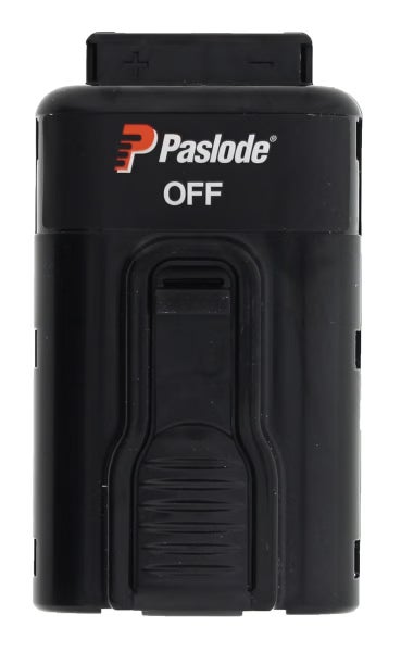Paslode Akku für Gasnagler, Vorderansicht mit Paslode Logo und Aufschrift OFF