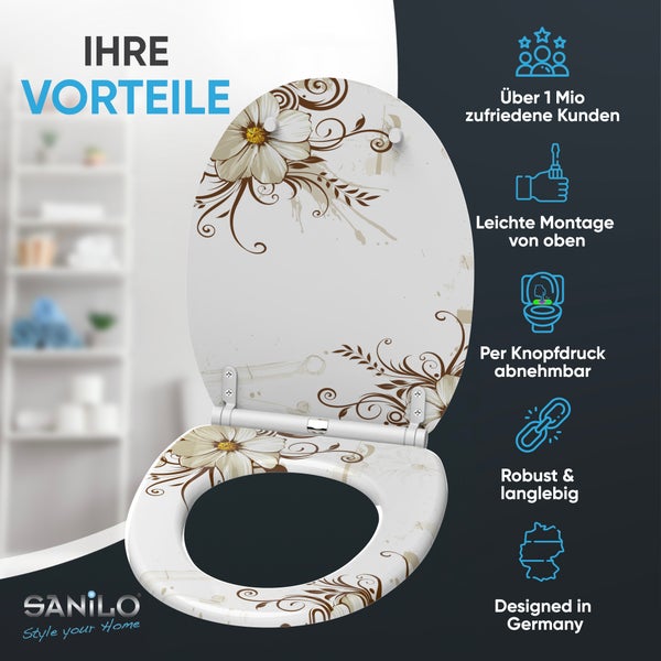 Sanilo Toilettensitz mit Blumendekor, einfache Montage von oben, abnehmbar per Knopfdruck und hergestellt in Deutschland