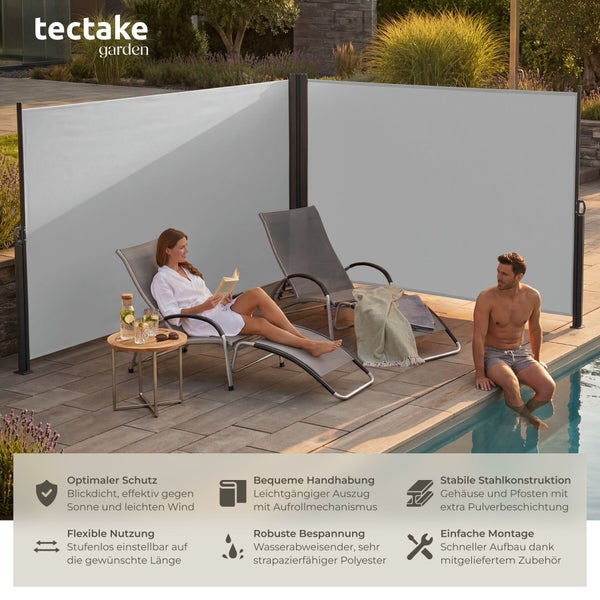 tectake garden Doppel-Seitenmarkise am Pool mit Sonnenliegen und Personen. Icons für Windschutz, einfache Handhabung und stabile Konstruktion.