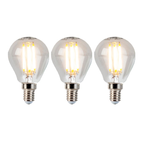 Drei LED-Filament-Leuchtmittel in Tropfenform P45 mit E14-Sockel aus klarem Glas.