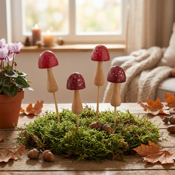 Dekorative Pilze aus Holz auf einem Mooskranz als herbstliche Tischdekoration mit Eicheln und Ahornblättern auf einem Holztisch.