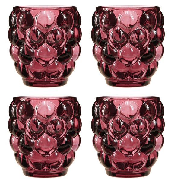 Set aus vier Teelichthaltern aus Glas mit Noppenstruktur in Bordeaux.