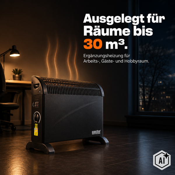 Hecht Konvektor Heizgerät für Räume bis 30 Kubikmeter als Ergänzungsheizung für Arbeits oder Hobbyraum.
