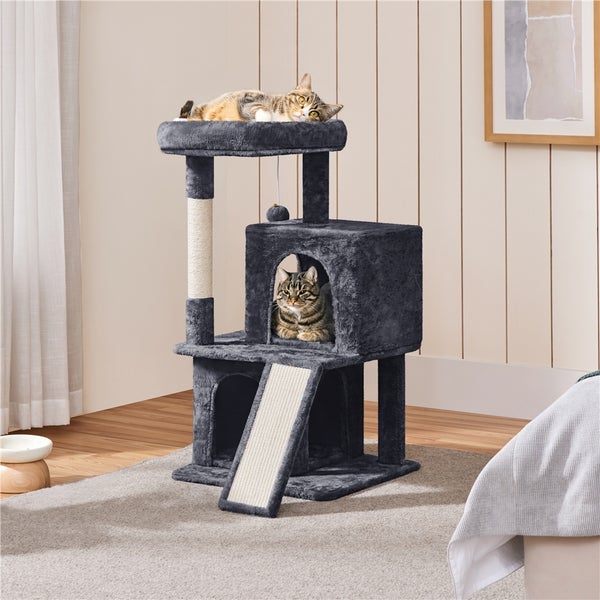 Katzenkratzbaum mit Liegeflächen und Katzenhaus mit zwei Katzen