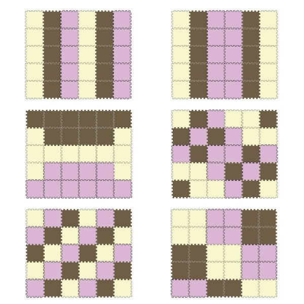 Sechs verschiedene Legebeispiele für quadratische Schaumstoff Spielmatten in Puzzleoptik mit ineinandergreifenden Kanten für Kinderzimmer.