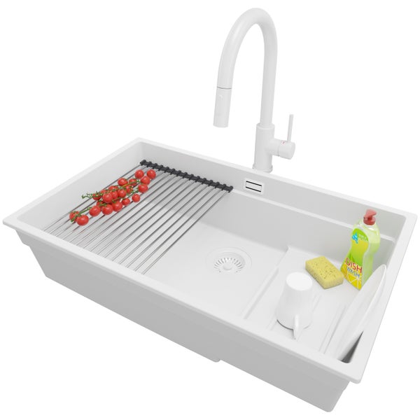 PRIMAGRAN Granitspüle Alles Weiß 76x47cm, Spülbecken 1 Becken + Küchenarmatur 40x20cm + Ablauf-Set + Aufrollbare Abtropffläche, Küchenspüle ab 80er Unterschrank - Praga Slim