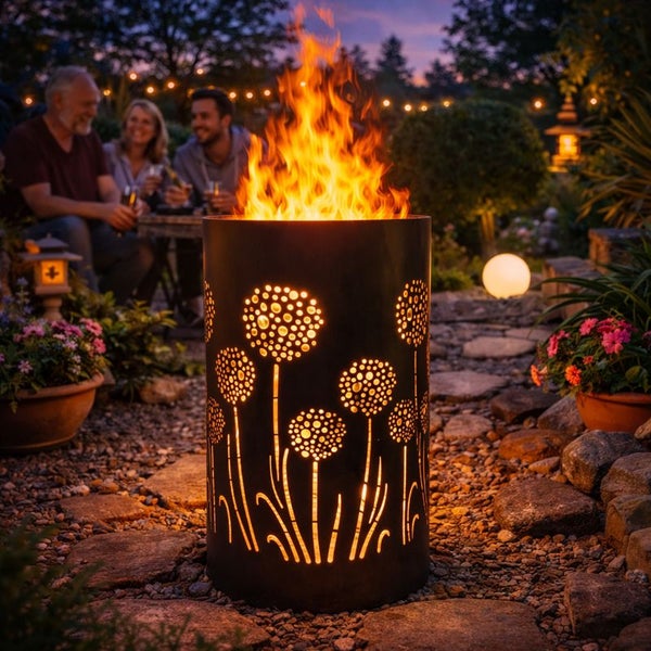 Feuerstelle mit floralem Muster im Garten mit sitzenden Personen