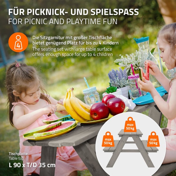 ML-Design Kindersitzgarnitur für Draußen, Grau, Sitzgruppe Outdoor 2 Bänke mit Tisch, Garten Kindersitzgruppe mit 4 Plätzen, Sitzgarnitur für Kinder Massivholz, Picknicktisch Kinder, Spielsitzgruppe