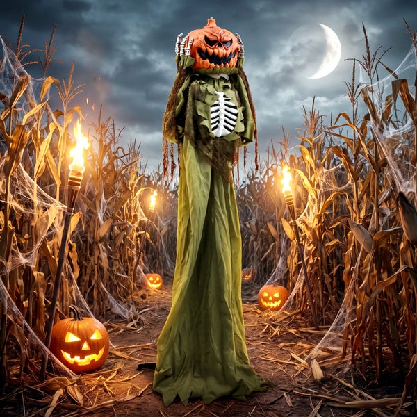 Halloween Deko Kürbisgeist Figur in einem Maisfeld mit brennenden Fackeln und Spinnweben bei Mondschein