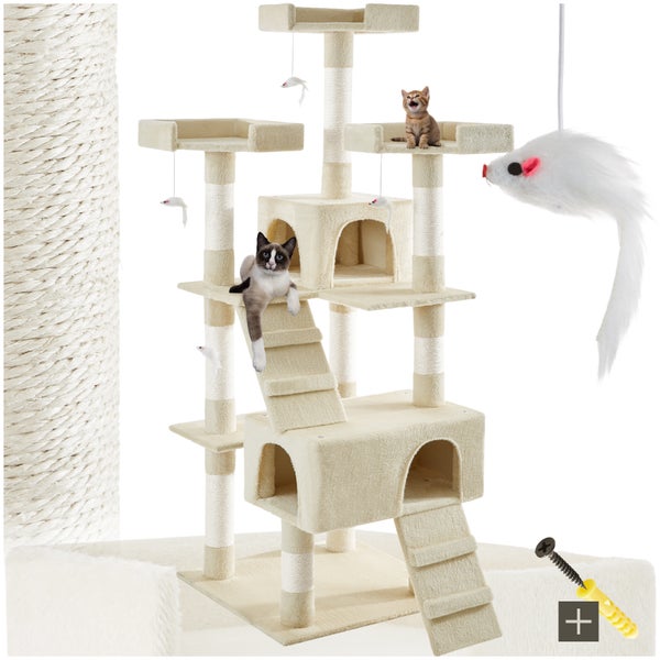 Katzenkratzbaum mit Katzenhäusern, Plattformen, Kratzsäulen, Spielzeugmäusen und zwei Katzen
