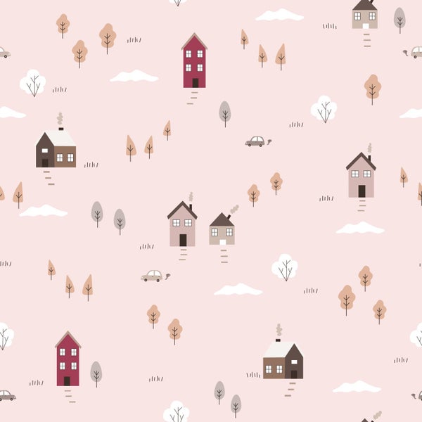 Nahtloses Tapetenmuster mit kleinen Häusern, Bäumen, Autos und Wolken in einem minimalistischen Illustrationsstil.