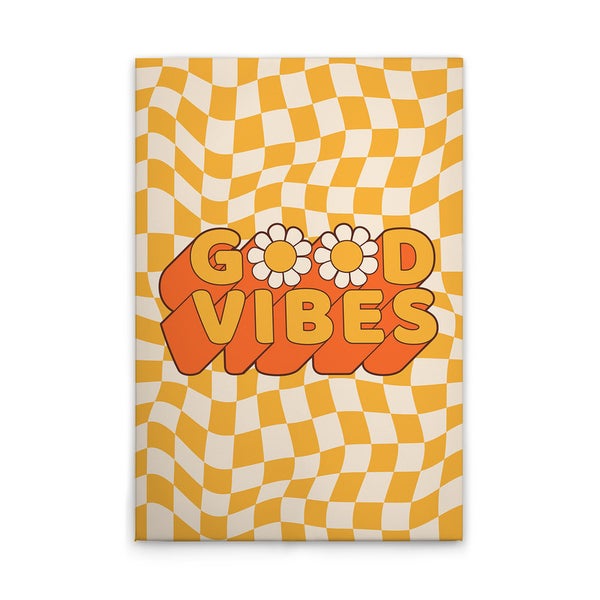 Dekorative Leinwand mit dem Aufdruck Gute Stimmung und einem Schachbrettmuster
