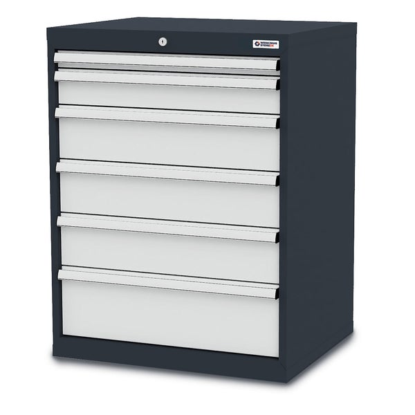 Abschließbarer Werkzeugschrank aus Metall mit sieben Schubladen in Anthrazit und Lichtgrau sowie Werkzeug Store24 Logo.