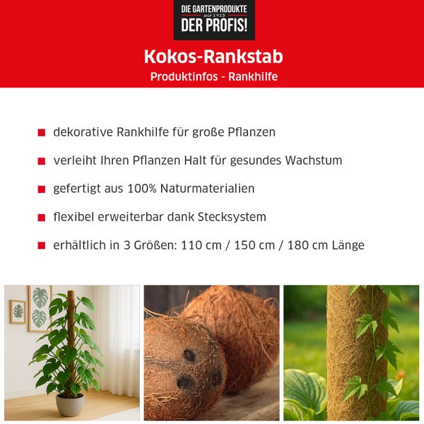 Kokos-Rankstab - Ø 7 cm x 180 cm - verlängerbare Rankhilfe mit Holzstiel - 100 % Naturmaterial - stabile Kletterhilfe für Pflanzen, dekorativ & nachhaltig