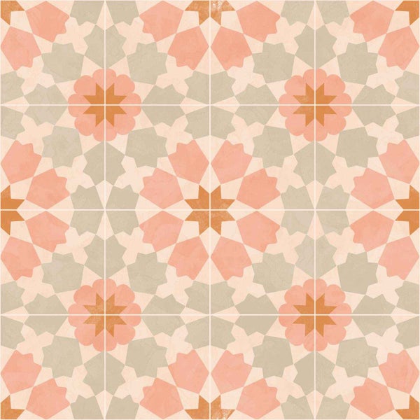 Quadratische Fliese mit orientalischem, geometrischem Muster aus Sternen und Blütenformen.