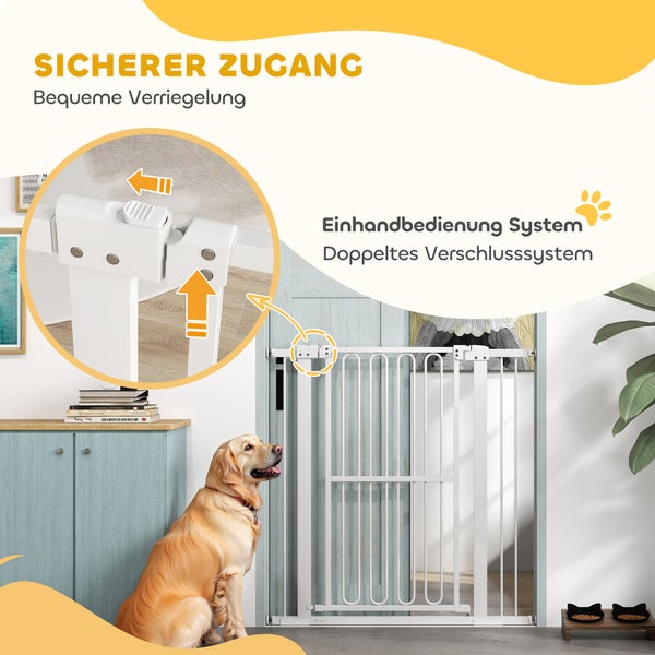 PawHut Türschutzgitter Hund, 76-104 cm Absperrgitter ohne Bohren, Treppengitter aus Stahl, Treppenschutzgitter, Schutzgitter, Sicherheitsgitter für Treppen, Tür, Flur, Weiß