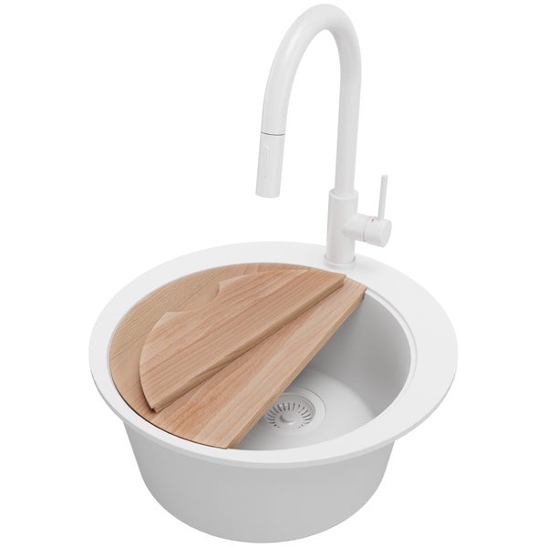PRIMAGRAN Granitspüle Alles Weiß 50x50cm, Spülbecken Rund 1 Becken + Küchenarmatur 40x20cm + Ablauf-Set + Schneidebrett, Küchenspüle ab 45er Unterschrank - Pisa
