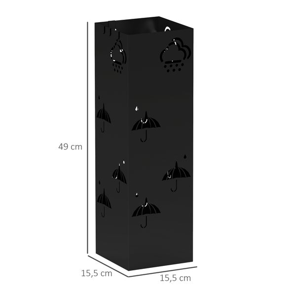 HOMCOM Schirmständer Regenschirmhalter mit 4 Haken, abnehmbare Wasserauffangschale Deko Schirmhalter für Sonnenschirm, Regenschirme & Gehstöcke Stahl 15,5 x 15,5 x 49 cm Schwarz